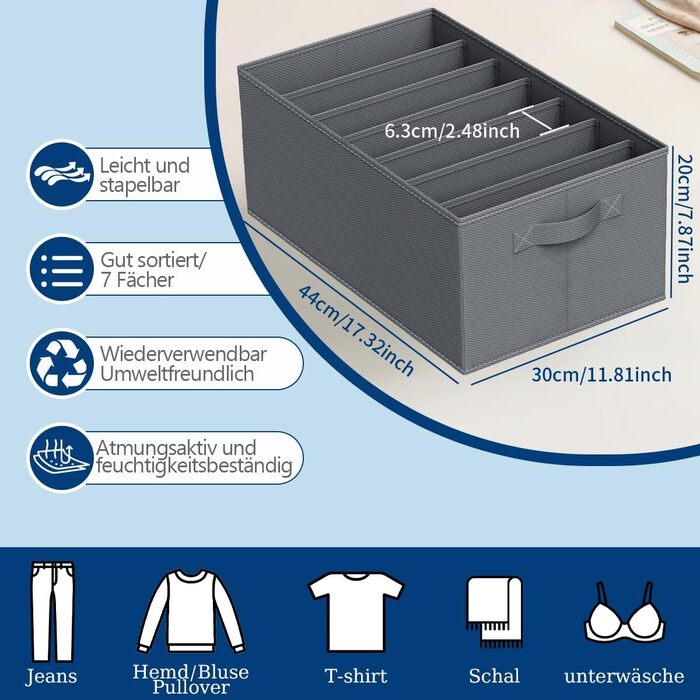 Комплект із 4 ящиків-органайзерів Niviy для гардеробу, складні коробки для зберігання одягу, штанів, спідньої білизни, штабелюваний органайзер для гардеробу, система коробок для зберігання з 7 відділеннями (Д44*Ш30*В20 см, сірий - комплект із 4 предметів 