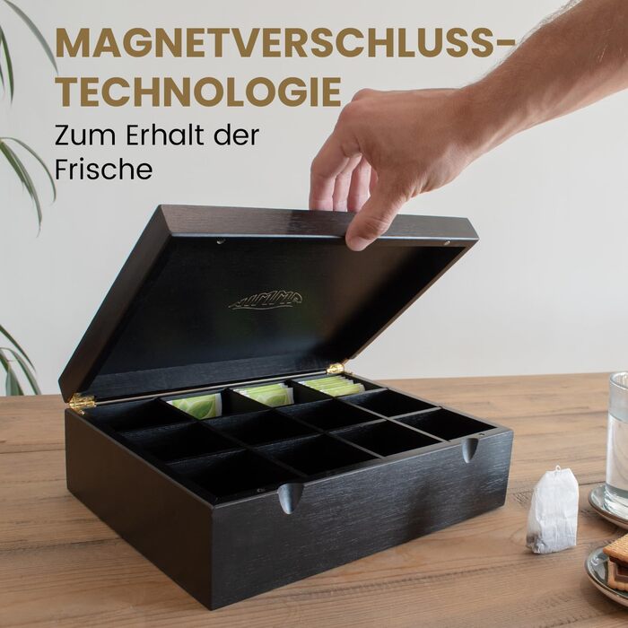 Чайні коробки NIMMA Дерев&39яна чайна коробка з магнітною застібкою Підходить для Pickwick, Lipton та інших Чорний колір Дуже великі відділення для чайних пакетиків та розсипного чаю (12 відділень)