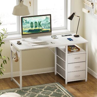 Письмовий стіл ODK з 3 тканинними шухлядами, 120x48x75,5 см, Комп&39ютерний стіл з 2 розетками та USB-портами, Двосторонній ПК-стіл, Офісний стіл для домашнього офісу, Білий 120x48x75,5 см Білий