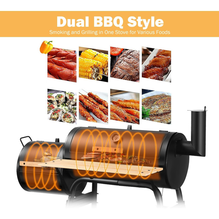 Гриль-коптильня вугільний KOMFOTTEU з димарем, 2-в-1, з термометром та колесами. Сталевий гриль-коптильник з бічним столиком та нижньою полицею, мобільний гриль-візок для пікніків, BBQ, 115x65x108 см