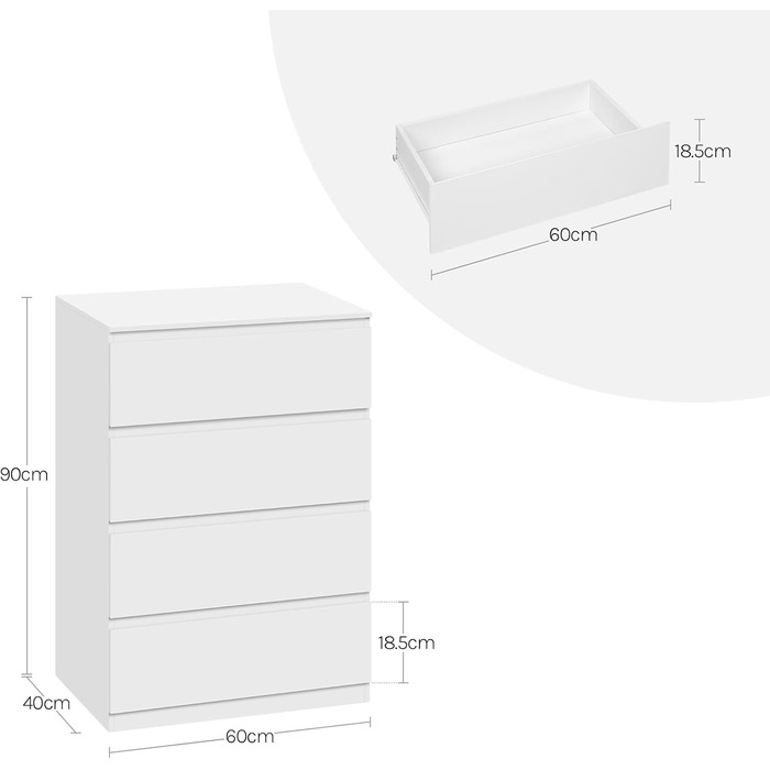 Білий комод великої місткості, буфет з 4 шухлядами, комод для спальні, вітальні, 60x40x90 см