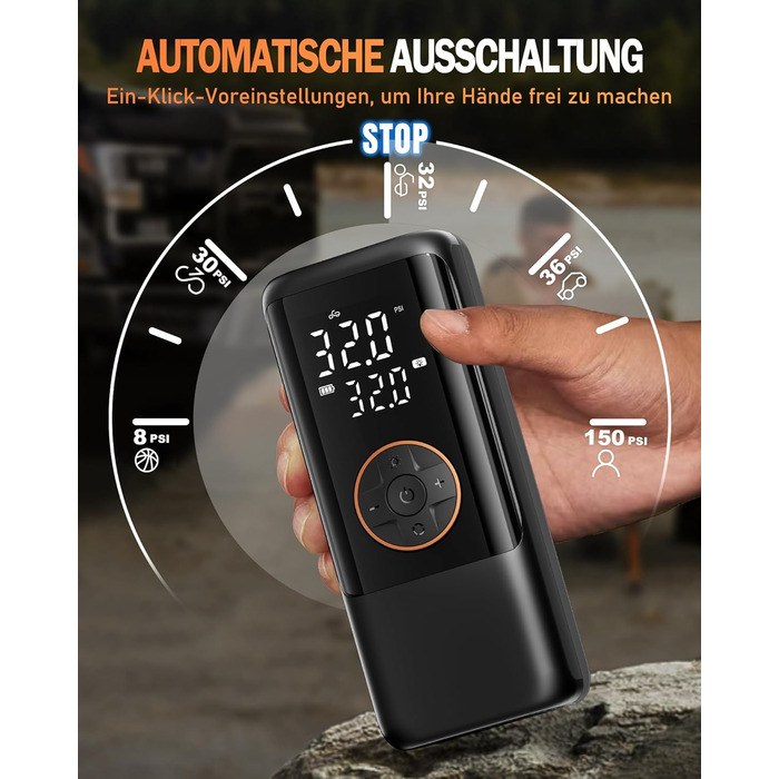 Електричний повітряний насос з акумулятором, повітряний насос 150 PSI для велосипедів, портативний міні-компресор з манометром та подвійним світлодіодним дисплеєм, електричний насос для накачування шин 12 В постійного струму для автомобілів, мотоциклів, в