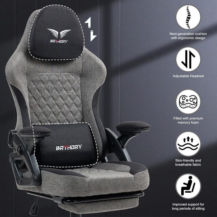 Ігрове крісло, ергономічне гоночне ігрове крісло з регульованим підголівником, робоче крісло з тканинною оббивкою, пружинною подушкою сидіння, з&39єднувальними підлокітниками та підставкою для ніг, функцією гойдання, новим підлокітником 135 - чорне