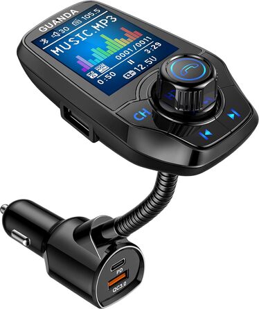 Передавач Bluetooth для автомобіля з 1,8-дюймовим кольоровим екраном Bluetooth Гучний зв'язок Bluetooth Автомобільний радіоадаптер 4 в 1 MP3-плеєр AUX 2 USB-порти SD/TF карта (QC3.0PD чорний)