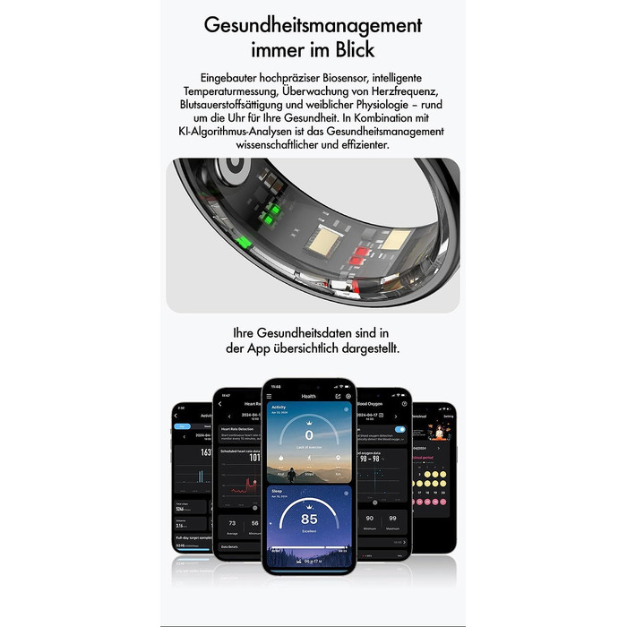 Фітнес-кільце Newgen Medicals для чоловіків фітнес-кільце, сенсорне керування, пульс, SpO2, 5 атм, розмір 57 (розумне з вимірюванням пульсу, крокомір, смарт-годинник)