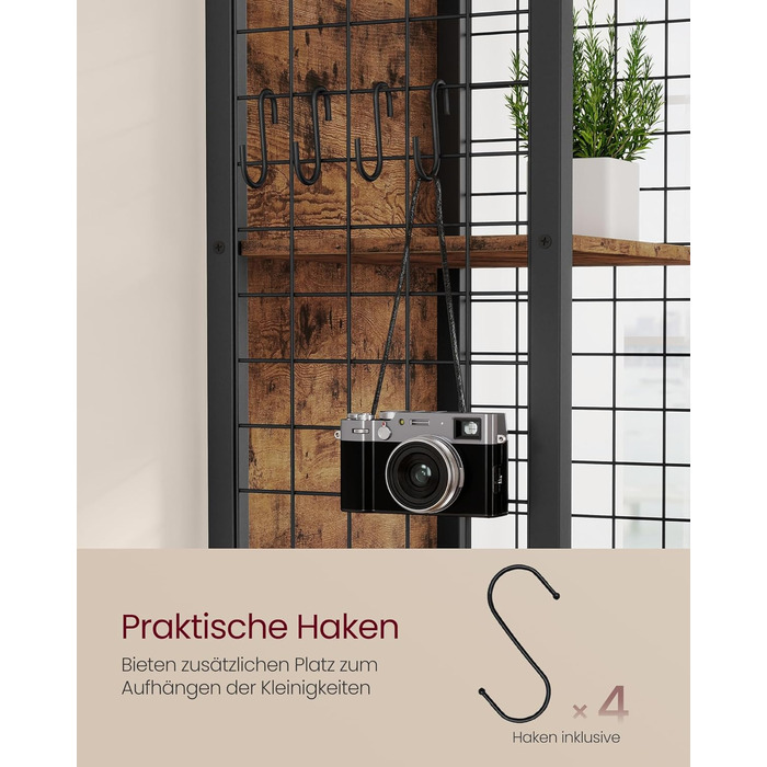 Книжкова полиця VASAGLE, офісна полиця, кухонна полиця, окремостояча полиця з 6 полицями, 4 S-подібними гачками, 30 x 40 x 175,6 см, для офісу, вітальні, кабінету, вінтажний коричнево-чорний колір LLS170K01, 6 рівнів (40Ш см)