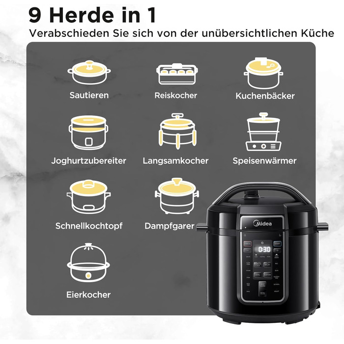 Мультиварка-скороварка Midea 6л, 9-в-1 (14 функцій) рисоварка, йогуртниця, slow cooker, sous vide, пароварка, варилка для макаронів, чаша з нержавіючої сталі, чорна