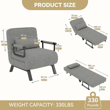 Крісло-ліжко 4-в-1, диван-ліжко, компактне гостьове ліжко, крісло-реклайнер з регульованою спинкою, вантажопідйомність 150 кг, металевий каркас та лляне темно-сіре одне ліжко темно-сірого кольору