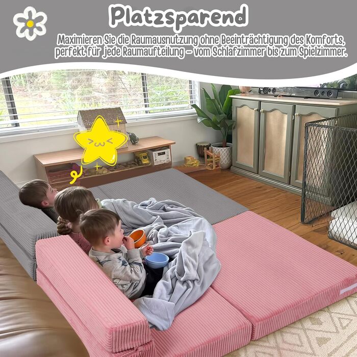 Диван MeMoreCool Cord Play, Дитячий диван, Дитячий диван Glow, Дитячий розкладний диван, Диван-фліп, Дитячий диван, Z-подібне ліжко, Розкладний дитячий диван, Ліжко на підлогу, Розкладний диван для ігрової кімнати, Сірий шнур сірого кольору