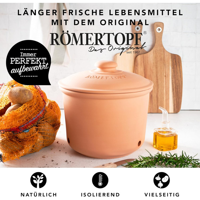 Картопляний горщик Rmertopf MAXI PLUS з натуральної глини, теракотовий, Ø 26 см, об&39ємом 5,5 л для зберігання приблизно 3 кг картоплі та овочів, вентильований з 3 вентиляційними отворами, глазурований дно, можна мити в посудомийній машині