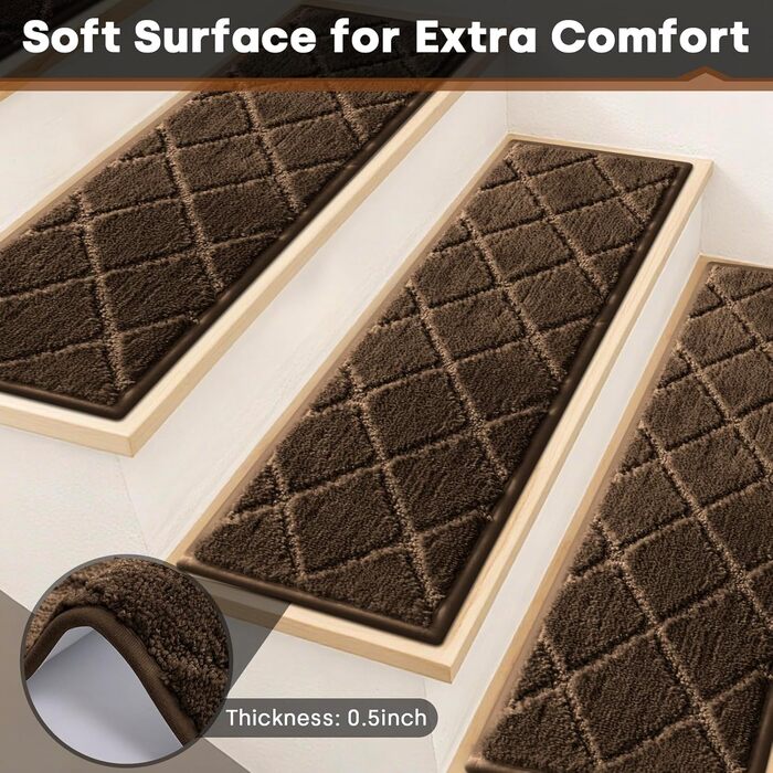 Килимки для сходів JOENIE, нековзні, для приміщень, 76,2 x 20,3 см, доріжки для дерев&39яних сходів, окантовка, килимки для сходів для дітей та собак, 100 поліестер, основа TPR (коричневі, 12 шт. ) коричневі 12 шт.