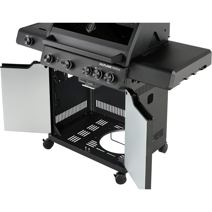 Газовий гриль RSLE ALLFLAME Hero 4 4 пальники (по 3,5 кВт), PRIMEZONE, BACKBURNER, робоча поверхня 70x45 см, чавунні решітки, алюмінієве лиття, кришка зі скляною вставкою, підсвічування ручок, чорний