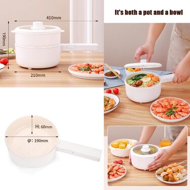 Електрична гаряча каструля 1,5 л з пароваркою, електричні сковороди для смаження/рамену/фондю/супу, підходить для гуртожитку/кемпінгу/дому, керамічне антипригарне покриття, подвійне регулювання потужності, світло-бежевий