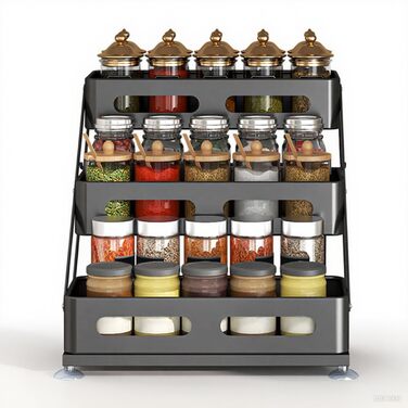 Рівнева складна полиця для спецій Bokelai, регульована по висоті кухонна полиця для зберігання Органайзер для спецій з протиковзкими накладками Металевий органайзер для спецій для шафи та стільниці Чорний - 3 рівні, 3-