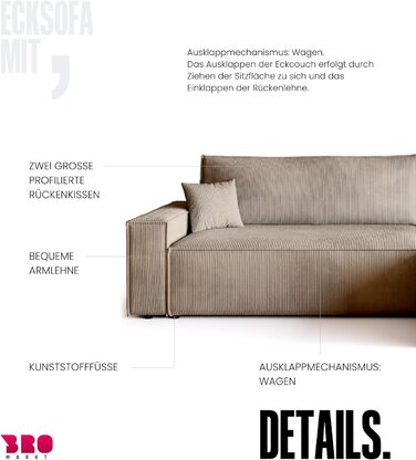 Диван з функцією сну, Диван з вельветової тканини, Короб для ліжка, Розкладний диван для вітальні, Кутовий диван, Окремостоячий, Adi XL Relax Sofa, 3-місний, 272x143x85 см, Бежевий, Дуже великий