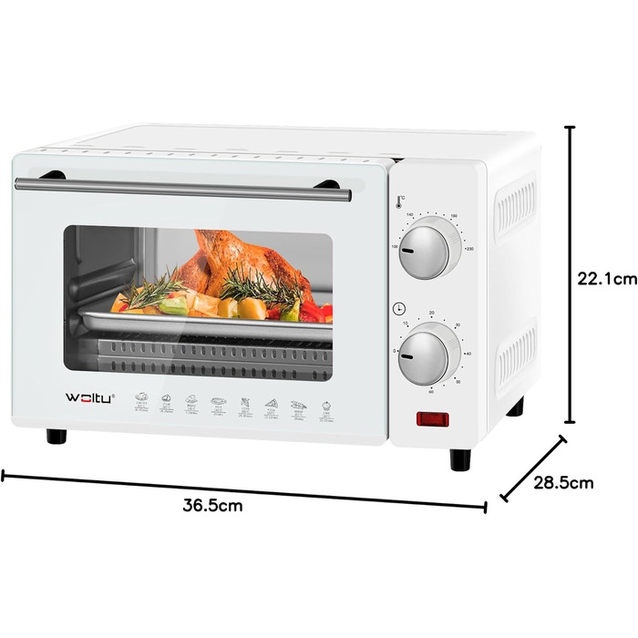 Міні-піч WOLTU 10 літрів, мала духовка, піч для піци, 100-230 C, таймер 0-60 хв., міні-піч з деком для випікання, ручкою для зняття решітки гриля, білий, BF14ws