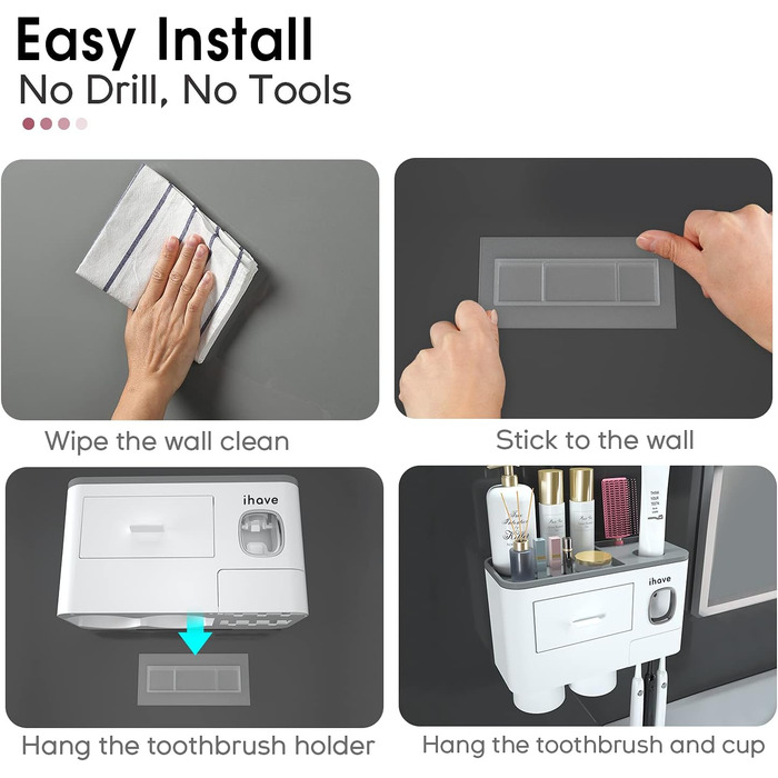 Тримач для зубних щіток для прикраси ванної кімнати, настінний тримач для зубних щіток на 2 кружки з дозатором зубної пасти, аксес