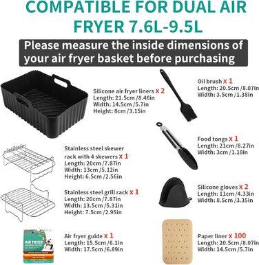 Аксесуари для фритюрниці, силіконові вкладиші для фритюрниці Ninja AF400EU AF300EU AF451EU AF500EU Tower T17088 7.6L-9.5L, 10 шт. Аксесуари для подвійної аерофритюрниці включають буклет посібника з кулінарії, чорний