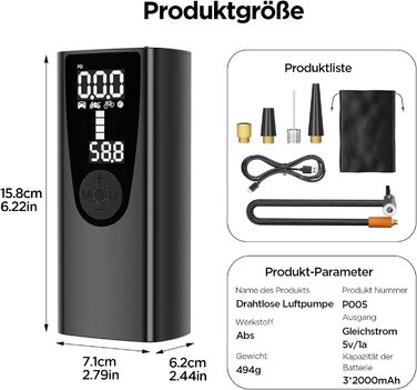 Електричний повітряний насос, портативний велосипедний насос 150PSI з акумуляторним компресором 3*2000 мАг Міні-насос для шин з цифровим РК-дисплеєм, світлодіодне підсвічування для автомобільних м'ячів для мотовелосипедів, AutoOff, USB-C