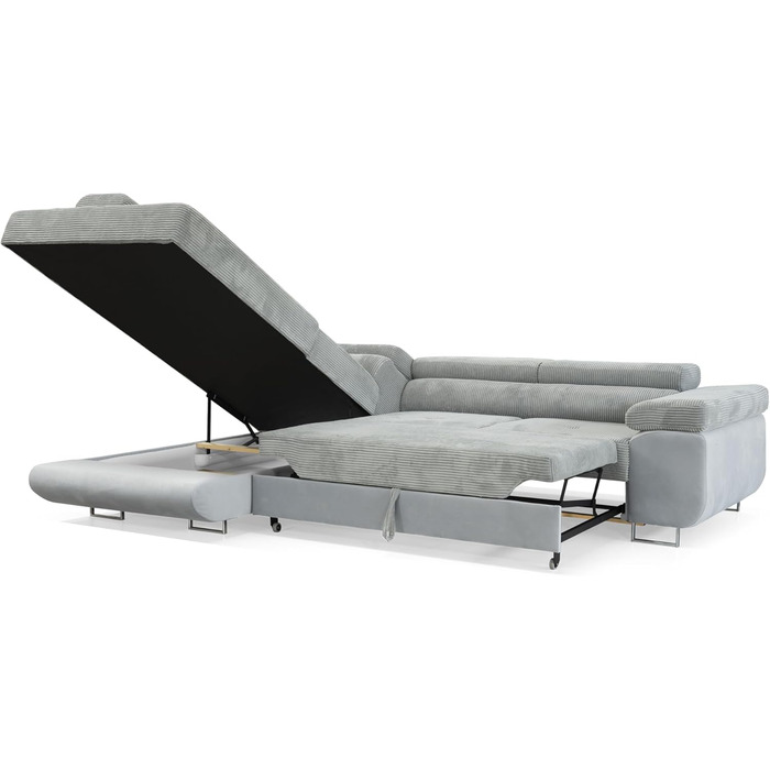 Кутовий диван Маямі з функцією сну та місцем для зберігання, кутовий диван для вітальні, кутовий диван з місцем для зберігання, L-подібний кутовий диван з функцією сну, L-подібний диван (сірий, шезлонг ліворуч), сірий шезлонг ліворуч