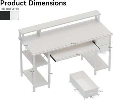 Письмовий стіл з 2 шухлядами, 120 x 50 см, комп&39ютерний/ігровий стіл з підставкою для клавіатури, регульованою по висоті бічною полицею, підставкою для монітора та розеткою для домашнього офісу та вітальні, білий, 120 x 50 см