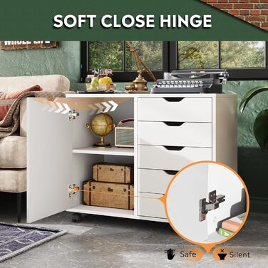 Контейнер на колесах DEVAISE з 5 шухлядами та відділенням для шафи, мобільна шафа для документів на колесах, настільна шафа з місцем для зберігання для офісу та домашнього офісу, білий, 5 шухляд та відділення для шафи, білий