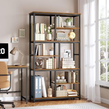 Книжкова полиця HOOBRO, окремостояча полиця з 4 регульованими ніжками, вертикальна полиця, офісна полиця, полиця для зберігання речей для вітальні та кабінету, 100 x 28 x 180 см, вінтажний коричневий та чорний EBF06SJ01