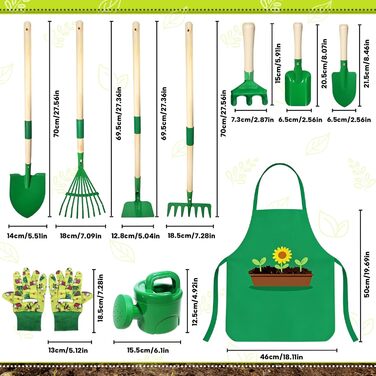 Набір дитячих садових інструментів (10 шт.) металевий набір з лопаткою, граблями, вилами, рукавичками, фартухом, лійкою, повний комплект для ігор у саду, на подвір'ї та газоні (зелений)