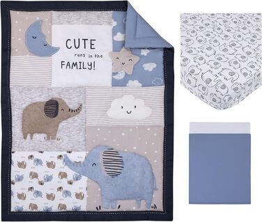 Шамбре, темно-синій, сірий і білий слон, місяць, хмари і зірки, комплект постільної білизни з 3 предметів для дитячого ліжечка, ко