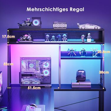 Г-подібний ігровий стіл Coleshome зі світлодіодним підсвічуванням, 130x100 см, кутовий стіл з полицями та кишенями для зберігання, двосторонній ігровий стіл для домашнього офісу та геймерів, чорний