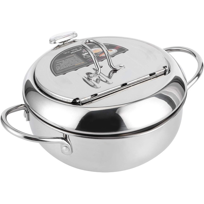 Горщик для фритюрниці, японська каструля з термометром, глибока фритюрниця з нержавіючої сталі 304 з осушувачем олії для чіпсів темпура, картоплі фрі, риби та курки (велика 24 см)