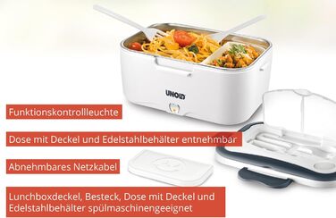 Електричний ланчбокс UNOLD 58850 - білий, 1,5 літра, пластик, для розігріву їжі в дорозі або в офісі, можна мити в посудомийній машині, знімний контейнер з нержавіючої сталі