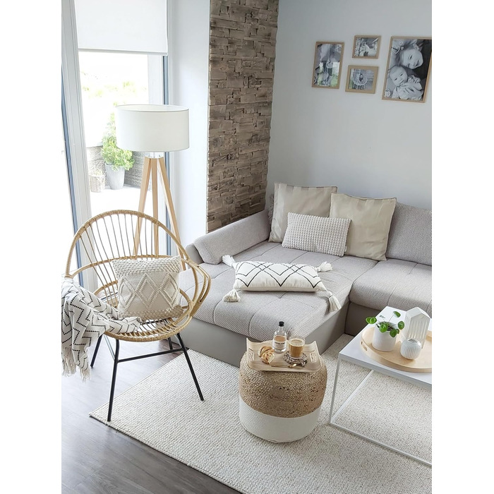 Пуф Beliani для дому, двоколірний джут, бежева бавовна, білий EPS, круглий, 46 см, Boho Dalama