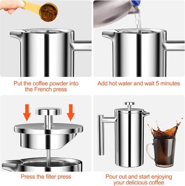 Кавоварка для френч-пресу Uootach 350 мл, високоякісні кавоварки з нержавіючої сталі, кавоварка френч-прес з потрійним фільтром з нержавіючої сталі, для дому, подорожей, кемпінгу (срібло)