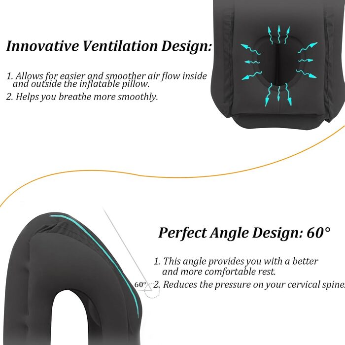 Надувна подушка для подорожей Подушка для шиї, подушка для літака Портативна подушка для подорожей Складана зручна багатофункціональна подушка для подорожей для сну в потязі літака Домашній офіс (чорний)