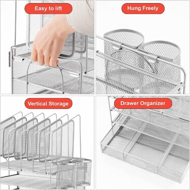 Органайзер для столу Marbrasse, 4-ярусний лоток для паперу та листів з висувними ящиками, 5 вертикальних лотків для документів та 2 тримачі для ручок, сітчастий настільний органайзер для зберігання домашнього та офісного приладдя (сріблястий)