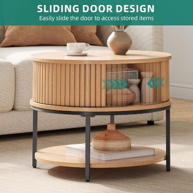 Круглий журнальний столик YITAHOME, журнальний столик з 2-рівневим місцем для зберігання, журнальні столики з розсувними дверима в дизайні тамбура для вітальні, дерев&39яні журнальні столики, дуб класичний