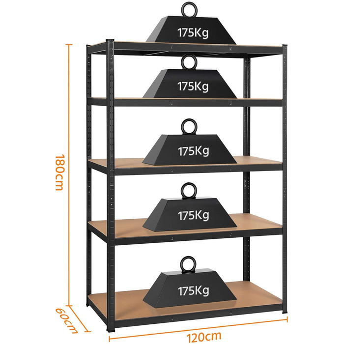 Міцний стелаж 180x120x60 см Система стелажів Регульовані полиці Безболтовий стелаж 875 кг Полиця 5 МДФ панелей Полиця для зберігання Полиця для підвалу Полиця для гаража Чорний 180 x 120 x 60 см, 2 шт.