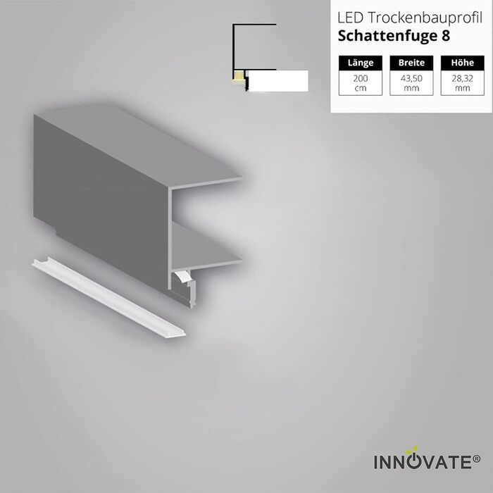 Профіль для гіпсокартону INNOVATE 2m LED Shadow Gap 8 з кришкою Алюмінієвий світлодіодний профіль для освітлення бухти в гіпсокартонному будівництві Алюмінієвий профіль для світлодіодних стрічок до 6 мм з покриттям молочного кольору