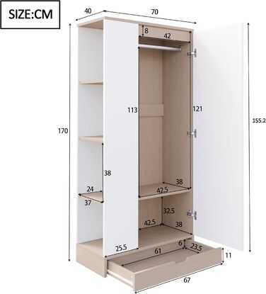 Шафа Soweiz, одностулковий дизайн, мінімалістичний стиль, міцна та стійка, з полицями та шухлядами, 70x40x170 см (біла)