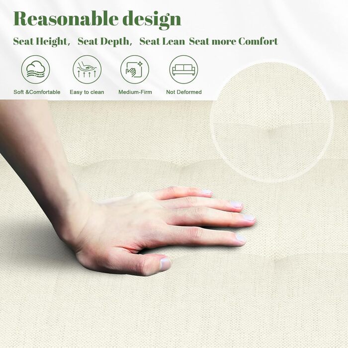 Місний диван, невелика кушетка з 2 подушками та підлокітниками, лляний диван у стилі середини століття для вітальні, спальні, бежевий кремовий колір, 2-