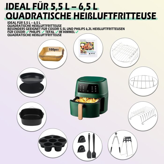 Аксесуари для фритюрниці MaxEarn 14 шт. , Набір аксесуарів для фритюрниці 8 дюймів з кухонним кошиком, формою для піци, тримачем для шампура, аксесуарами для фритюрниці Аерофритюрниці для ніндзя Philips Cosori Princess XL 5.5 л фритюрниці 14 предметів