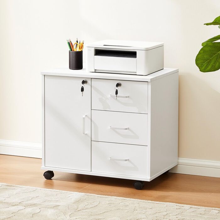 Шафа для файлів TUKAILAI на колесах із замком, мобільна шафа для документів із 3 шухлядами та відділенням, 4 коліщатка, шафа з шухлядами для офісу та домашнього офісу, біла