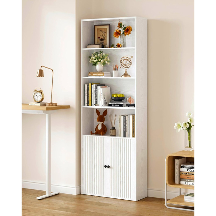 Книжкова шафа IRONCK з дверцятами, 6-ярусна полиця, висота 180 см, дерев&39яна окремостояча полиця, відкрита полиця для зберігання речей для кабінету, офісу, вітальні, спальні (біла)
