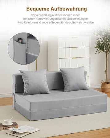 Диван-ліжко HAUSPROFI з оксамитовою оббивкою та 2 подушками, знімний чохол, який можна прати, розкладний матрац з високоеластичною PU губкою, спальна зона 140 см x 200 см (сірий)