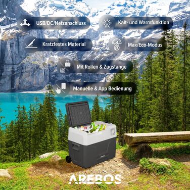 Компресорна холодильна камера Arebos на колесах 39 літрів електрична морозильна камера з APP та розумним управлінням мобільна морозильна камера з USB-з'єднанням до -20 C 12/24 В 230 В для автомобіля, вантажівки, кемпінгу, човна, будинку на колесах