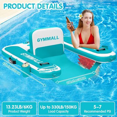 Надувне крісло для басейну GYMMALL для дорослих, крісло для плавального басейну, крісло для басейну, шезлонг, поплавок із підлокітником, спинкою, сидіння для басейну, озера та річки