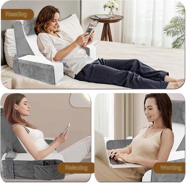 Подушка для читання на ліжку та дивані, подушка для спини, подушка для відпочинку на ліжку зі знімним валиком для шиї та підлокітниками, ергономічна подушка для спини/голови для читання, перегляду телевізора, сидіння та лежання
