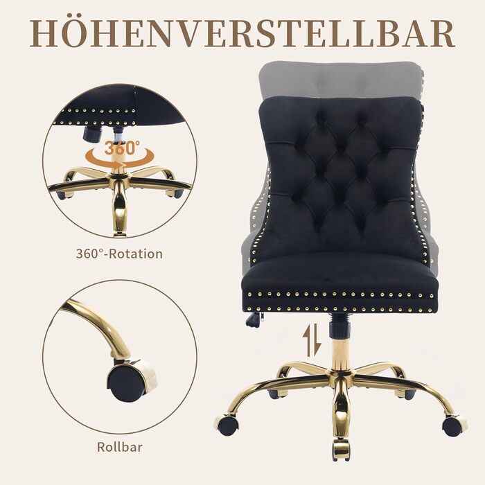 Вінтажне британське оксамитове офісне крісло зі стьобаною спинкою та оздобленням цвяхами, регульоване по висоті, поворотне та з коліщатками, вантажопідйомність до 150 кг - Зручне туалетне крісло для домашнього офісу, чорного кольору
