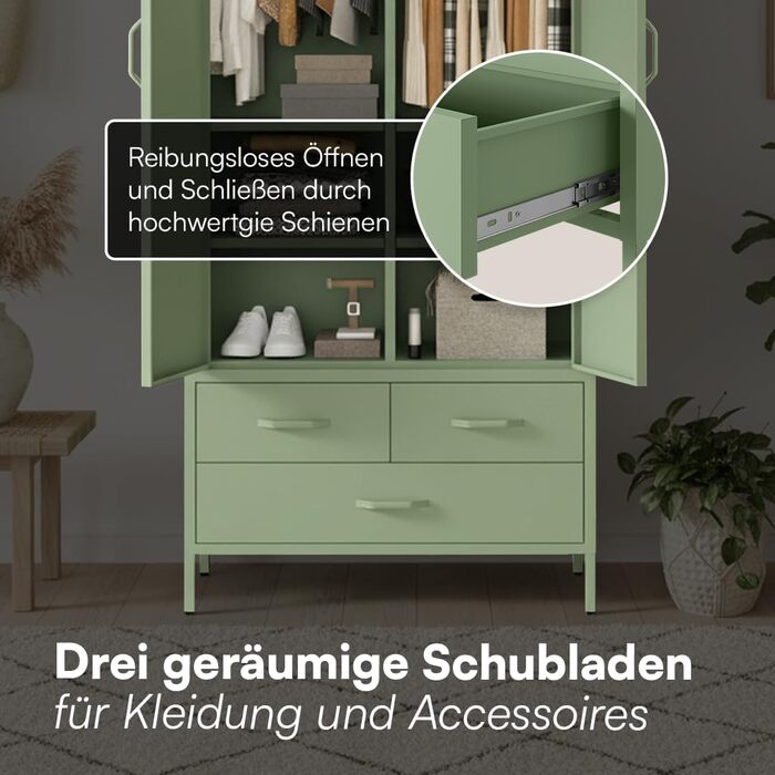 Металева шафа Skølm Atria Металева шафа з 6 відділеннями, 2 рейками для одягу та 3 шухлядами Шафа м&39ятно-зеленого кольору Металева шафа завширшки 80 см Шафа для спальні Шафа для передпокою м&39ятно-зеленого кольору з 2 дверима, 3 шухлядами